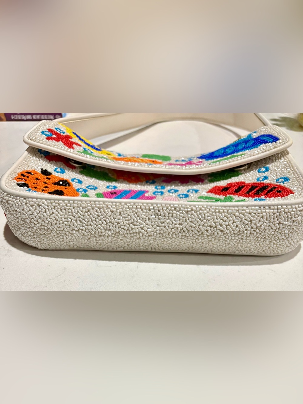 STAUD Tommy Hand Beaded Tropical Fish Shoulder Bag White Leather - Picture 13 of 16